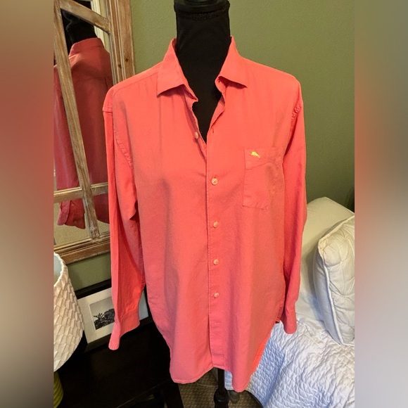 Tommy Bahama Medium 100% Cotton Men’s Salmon Pink Button Down Shirt - Picture 8 of 13